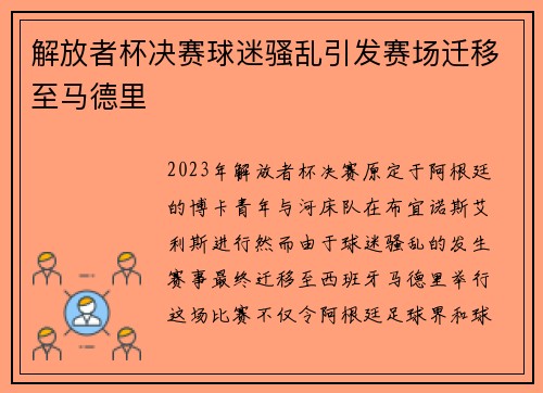 解放者杯决赛球迷骚乱引发赛场迁移至马德里