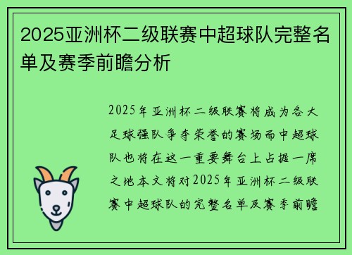 2025亚洲杯二级联赛中超球队完整名单及赛季前瞻分析